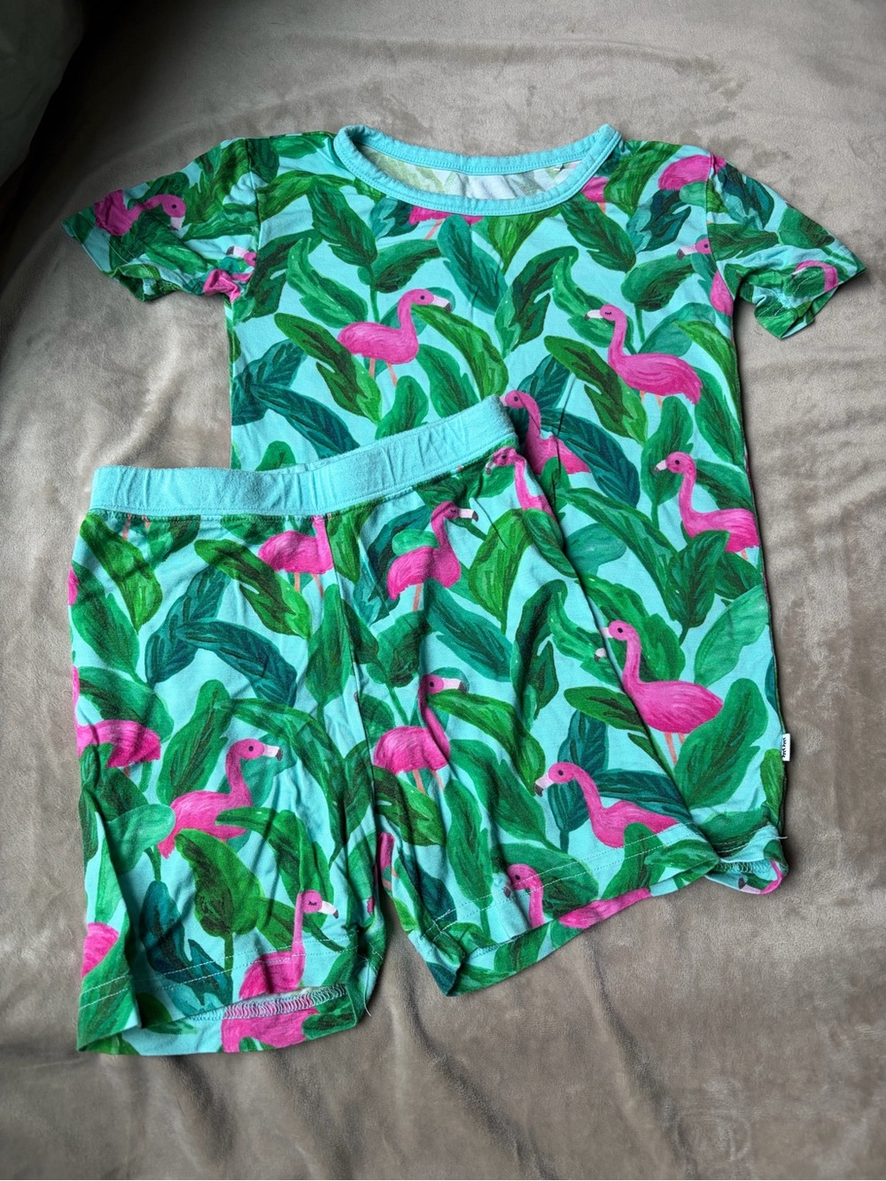 Little Sleepies Pink Flamingo & Green Leaf Short Pajama Set 4T